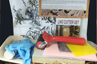 Craftsman Crate subscription box featuring block printing tools like a brayer, lino cutter, ink, and gloves for hands-on crafts and skills
