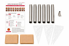 Apple Pie Brandy Snaps DIY baking kit tools with recipe card, six steel molds, piping bags, parchment and piping tip.