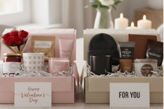 Valentine's Day gift boxes with romantic and elegant details: candles, flowers, mugs, snacks, and personal care products.