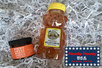 This picture contains a snapshot of Texas fiery mesquite honey, and your own honey bear filled with honey from Austin.