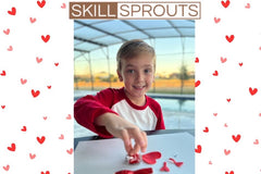 Happy child with February Activity Box. February Valentine's box with 20 OT activities, crafts, sensory materials, and fine motor tools for 