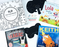 Owl Post Books kids gift subscription with holiday book box featuring Keith the Cat, Lola Knows a Lot, and This Book is Magic.