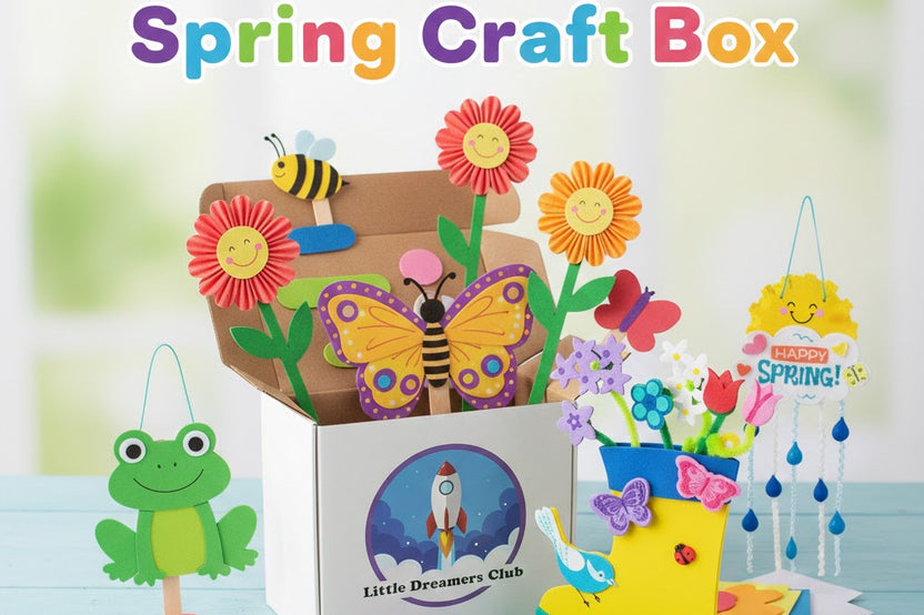 Branded image of the Little Dreamers Club Spring Craft Box and select crafts included in the box for ages 3-5