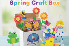Branded image of the Little Dreamers Club Spring Craft Box and select crafts included in the box for ages 3-5