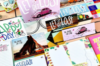 Travel-themed stationery flat lay with vintage cars, “Let’s Get Lost” designs, and colorful road trip notepads from My Paper Box.