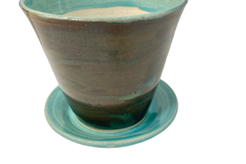 4" Brown & turquoise pot + saucer