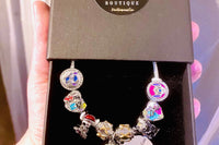 Vintage Lilo And Stitch V-Day Charming Silver Charm Bracelet w/ 9 Sapphire Embellished Charms