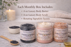 Sacred Trinity monthly body care box featuring luxury body butter and body scrubs with rotating scents, styled for a self-care ritual