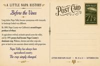 Vintage-style postcard back featuring Napa Valley agricultural history, decorative stamp artwork, and space for an address.