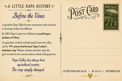Vintage-style postcard back featuring Napa Valley agricultural history, decorative stamp artwork, and space for an address.
