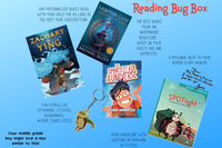 Colorful graphic showcasing the Reading Bug Box logo and subscription service details for children's books