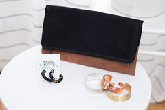 A night out on the town! The perfect little black clutch, metallic flecked earrings, + a cuff in one of three metals!