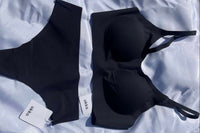 A flat lay picture of matching black seamless bra and thong from the brand okko on a white background 