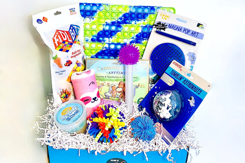 School box sensory toys, pin print, squish donuts, glow ball, stretch noodles, butter putty, sketch tablet, arctic friends box, fidgets