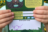 Bug Badges Bold Jumping Spider discovery card on a log with habitat clues and observation lines filled in—screen-free kids science activity 