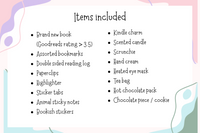 Items included in the book box subscription with annotation supplies, self care and relaxation items.