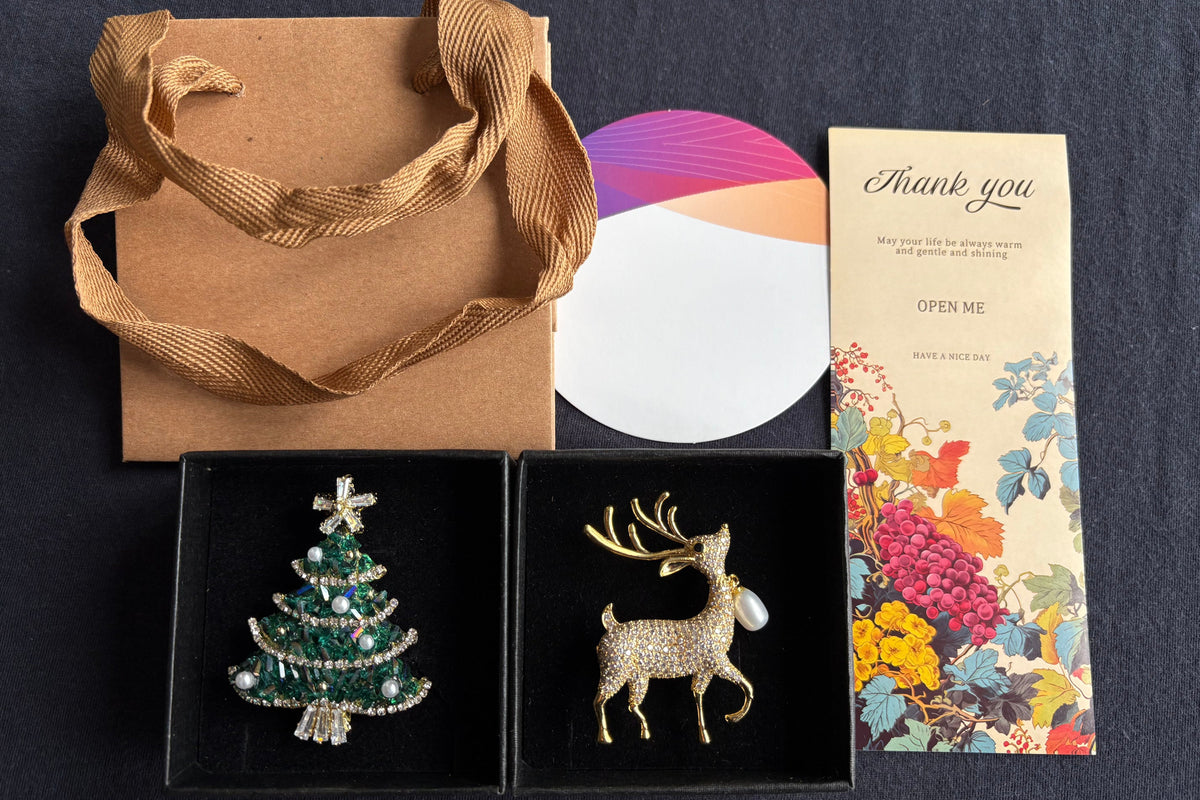 Festive Christmas Brooch Gift Set.Holiday Collection with Tree, Hat, Gloves and Reindeer in Gift Box