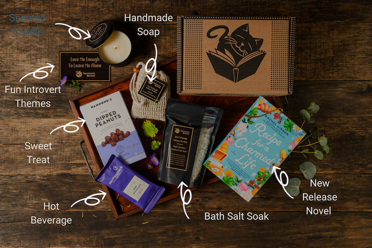 Introverts Retreat flatlay on wood with each item and the box. Items are labeled with white lettering.