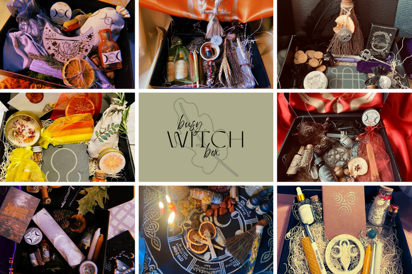 A variety of ritual items and tools displayed in the Busy Witch Box, a witchcraft subscription box for Sabbat rituals