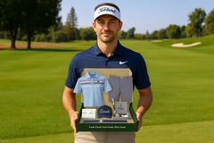 Male Golfer displays Cratejoy subscription box with polo shirt, glove, rangefinder, tees, & accessories. The perfect golf gift!
