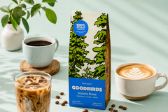 bag of sequoia roast and cups of coffee, part of Goodbirds monthly coffee subscription of 2 12oz bags of coffee