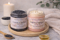 Sacred Trinity luxury body butter and body scrub displayed together, showcasing full-size handcrafted body care for a self-care ritual
