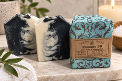 Tranquil Rose black and white handcrafted men's soap bars featuring bold marbled designs and small-batch cold-process craftsmanship.