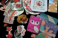 Fox on the Run Stationery Set. Includes crochet kit, needle point kit, journal, stickers, sticky notes, paper and envelopes, keychain, 