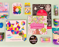 shapeable ball, colors matching, coloring book, inspirational quote book, stretchy strings, putty, macaroons, needoh, throw stickies, fidget