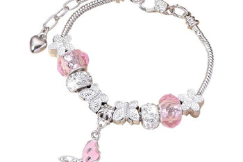 Silver and Pink CZ Butterfly Charm Bracelet — Dangling Pink Butterfly Charm, White Lotus Flower Beads, Friendship Bracelet, Gift for Her