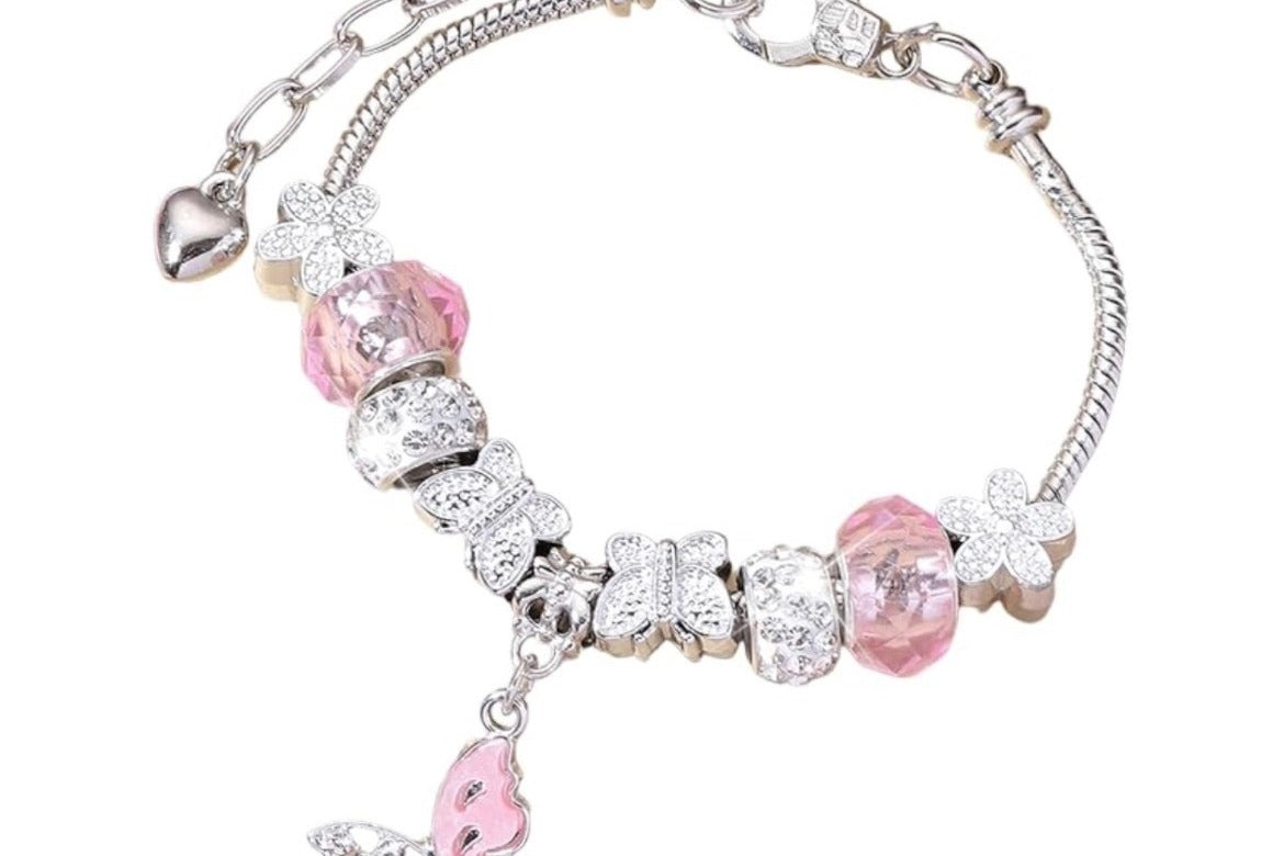Silver and Pink CZ Butterfly Charm Bracelet — Dangling Pink Butterfly Charm, White Lotus Flower Beads, Friendship Bracelet, Gift for Her