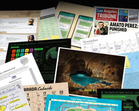 High quality photo of a mystery escape game with a thrilling story. There are many photos and text on it.