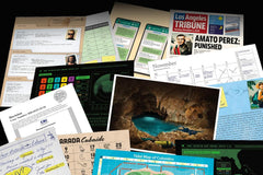 High quality photo of a mystery escape game with a thrilling story. There are many photos and text on it.