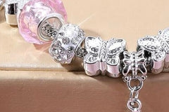 Silver and Pink CZ Butterfly Charm Bracelet — Dangling Pink Butterfly Charm, White Lotus Flower Beads, Friendship Bracelet, Gift for Her