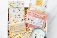 Limited edition Fleur-ish Spring Box. A floral themed box with bath soak, candle, tea, lip repair and wildflower seed pack. 