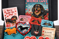 One time limited edition Wiener Love gift box featuring example dachshund themed Valentine items from the Cult of Wiener.
