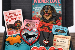 One time limited edition Wiener Love gift box featuring example dachshund themed Valentine items from the Cult of Wiener.