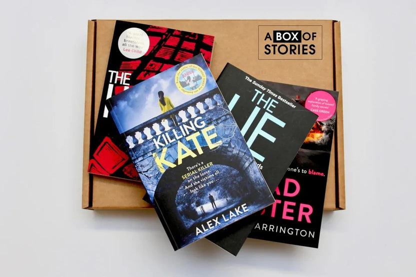 Brown gift box filled with four books in genres selected by the customer, ideal for avid readers