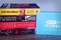 Brown subscription box filled with four surprise mystery books, featuring captivating stories and intriguing plots for genre enthusiasts.