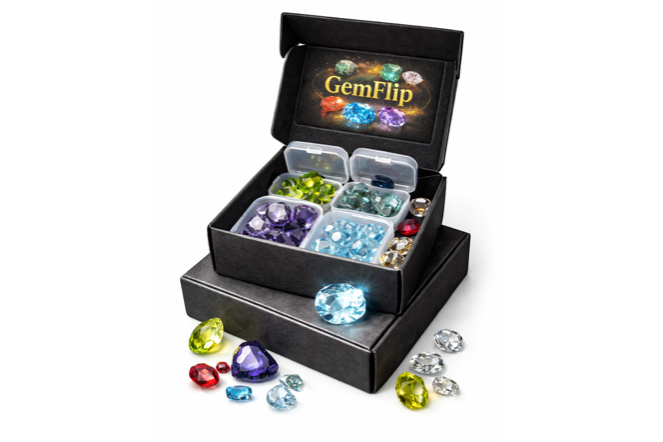 Open GemFlip mystery gemstone box displaying multiple compartments with rough and faceted natural gemstones, presented in a premium black bo
