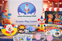 Colorful crafts from the Little Dreamers Club subscription box for kids, featuring circus-themed crafts and educational activities 