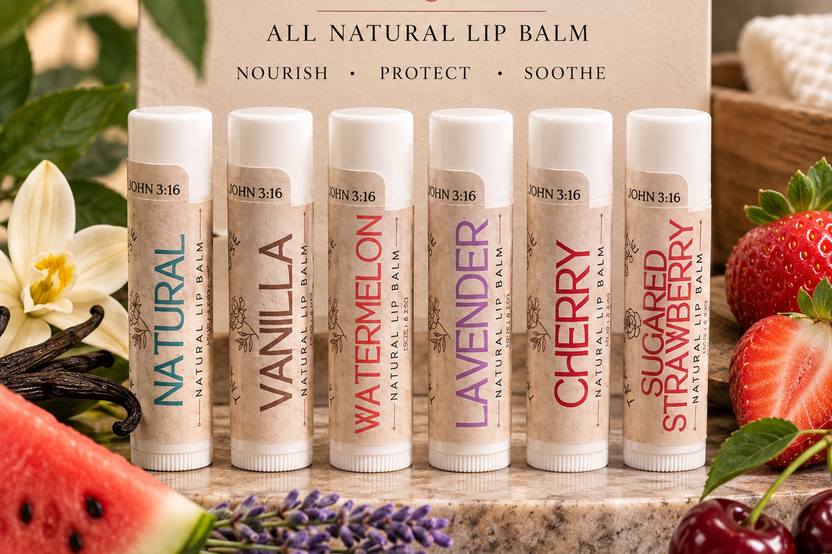 Collection of Tranquil Rose handcrafted lip balms featuring vanilla, watermelon, lavender and other seasonal flavor-inspired options.