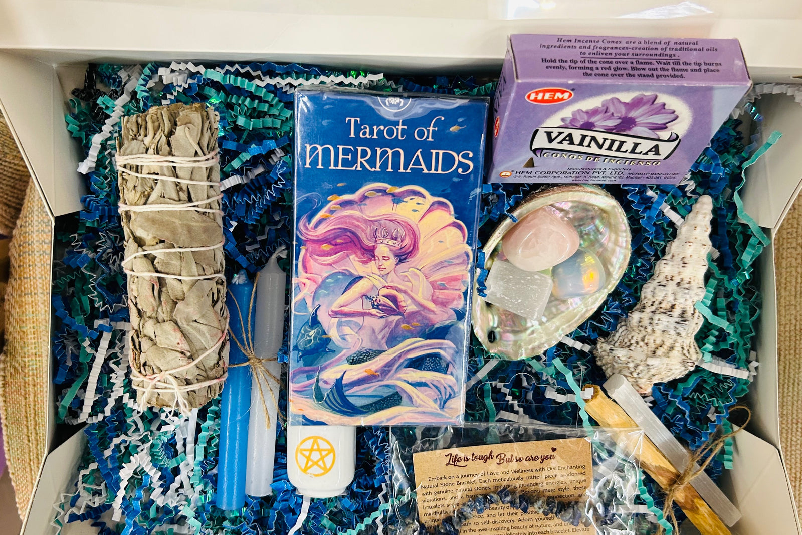 Example of a November 2024 Subscription Box. Every Box Comes with a Tarot Or Oracle deck Along with 5 Metaphysical Mystery Gifts