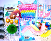 Fidget toy box, fuzzy bracelet, 2 pop tubes, bubble pop it, buddie puppies, wee critters, cotton candy slime, wally crawly gummies