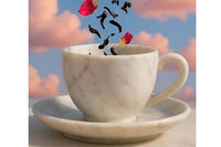 Tea against pink cloud sky