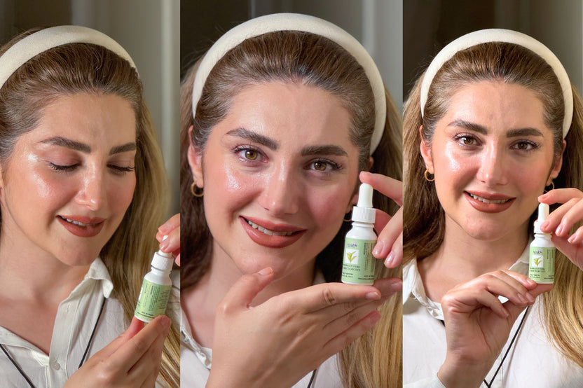 Woman with Aster Green Tea and Rosehip Night Eye Serum for under-eye care