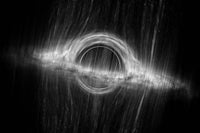 Crazy looking image of a black hole all with black and white filter and completely black background behind.
