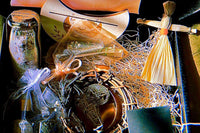 Imbolc-themed Busy Witch Box featuring an altar wreath, anointing oil, tarot, and a Brigid corn dollie in a subscription box setup