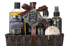Gift box full of mens products like shampoos, showe gels, bath bombs, and many more in a special basket