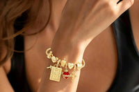 Hearts on Fire Gold Charm Bracelet — Ruby Gemstone Heart, Gold Cross & Angel Charm Friendship Bracelet, Gift for Her